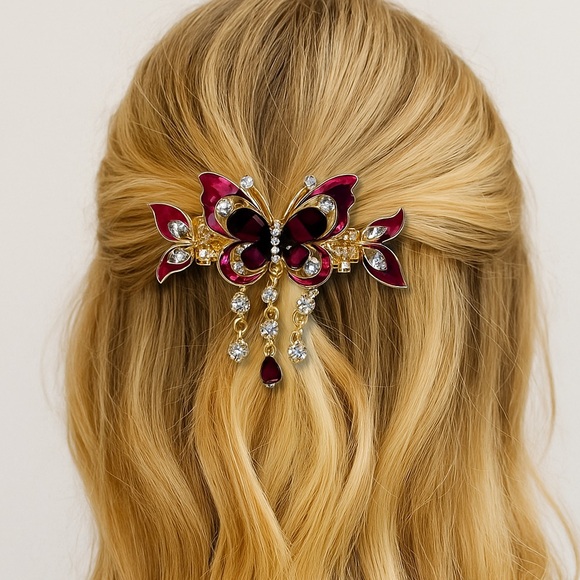 Accessories - Red & Gold Butterfly Rhinestone Hair Clip